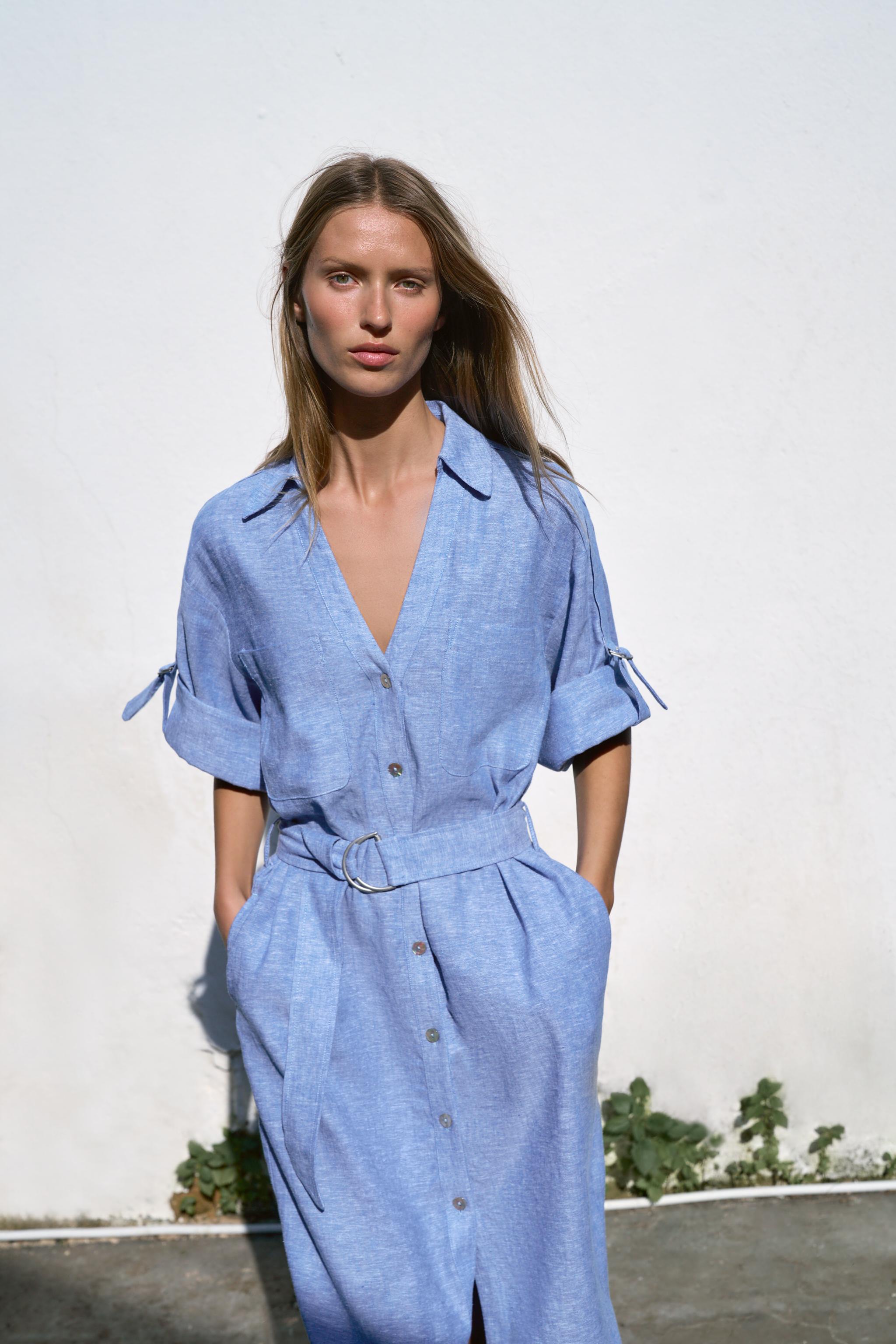 BELTED LINEN BLEND MIDI DRESS